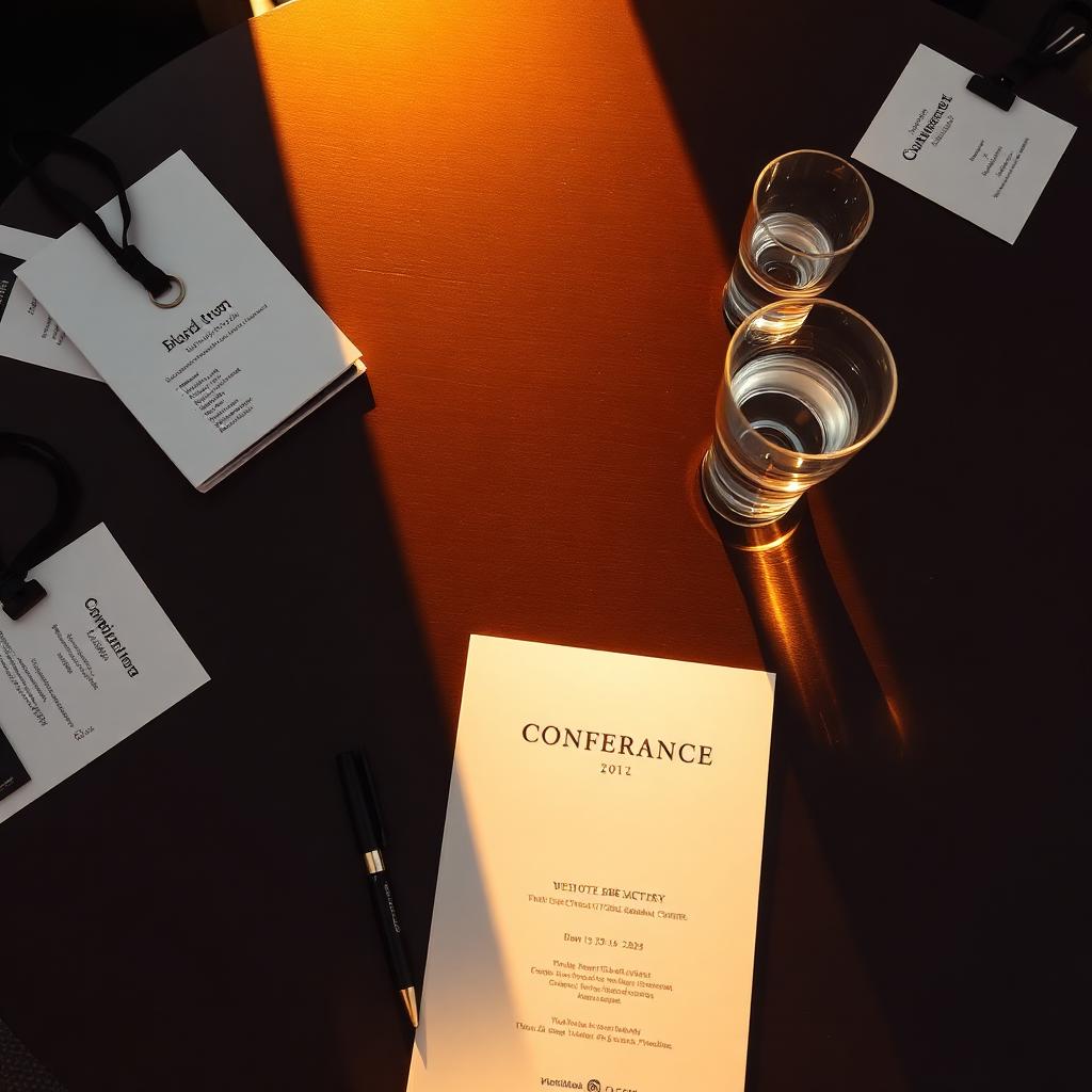Overhead view of a event table with name badges, notebooks and conference programme